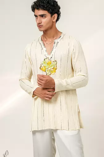 Ivory embroidered georgette and nysha silk kurta and pant set