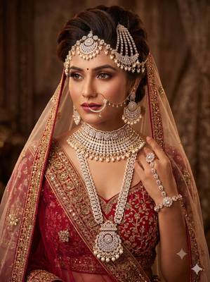 White 2-layer bridal jewelry set with earrings, maang tikka, pasha, nath & panja gold plated 3