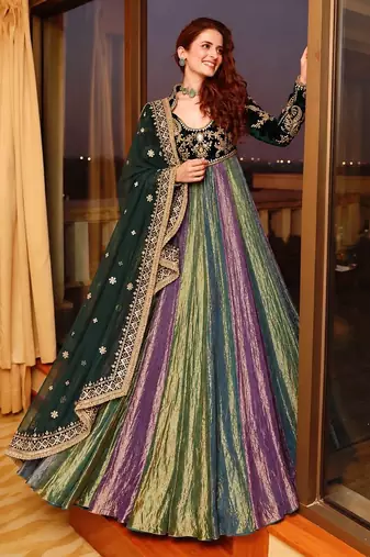 Multicolor velvet designer anarkali gown