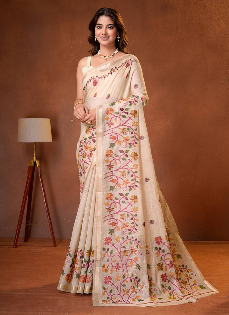 Womens elegant cream cotton silk saree with golden zari border, pallu with blouse