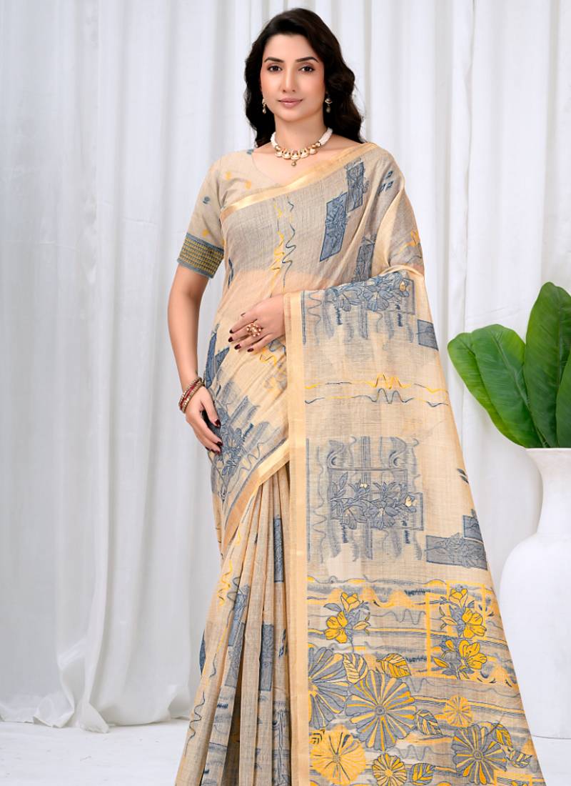 Womens elegant cream and blue  cotton silk saree with golden zari border, pallu with blouse