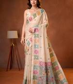 Womens elegant cream  cotton silk saree with golden zari border, pallu with blouse