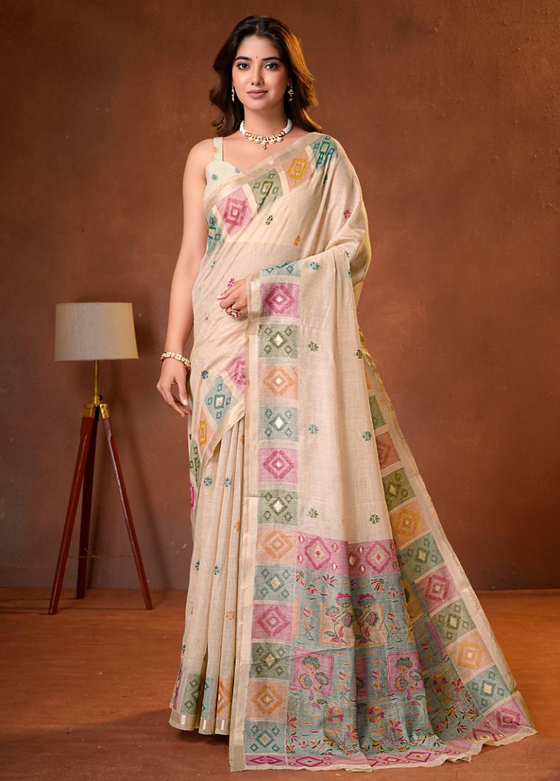 Womens elegant cream  cotton silk saree with golden zari border, pallu with blouse