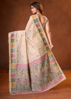 Womens elegant cream  cotton silk saree with golden zari border, pallu with blouse 2