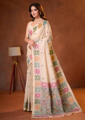 Womens elegant cream  cotton silk saree with golden zari border, pallu with blouse 3