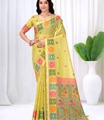 Womens elegant lemon green  cotton silk saree with golden zari border, pallu with blouse
