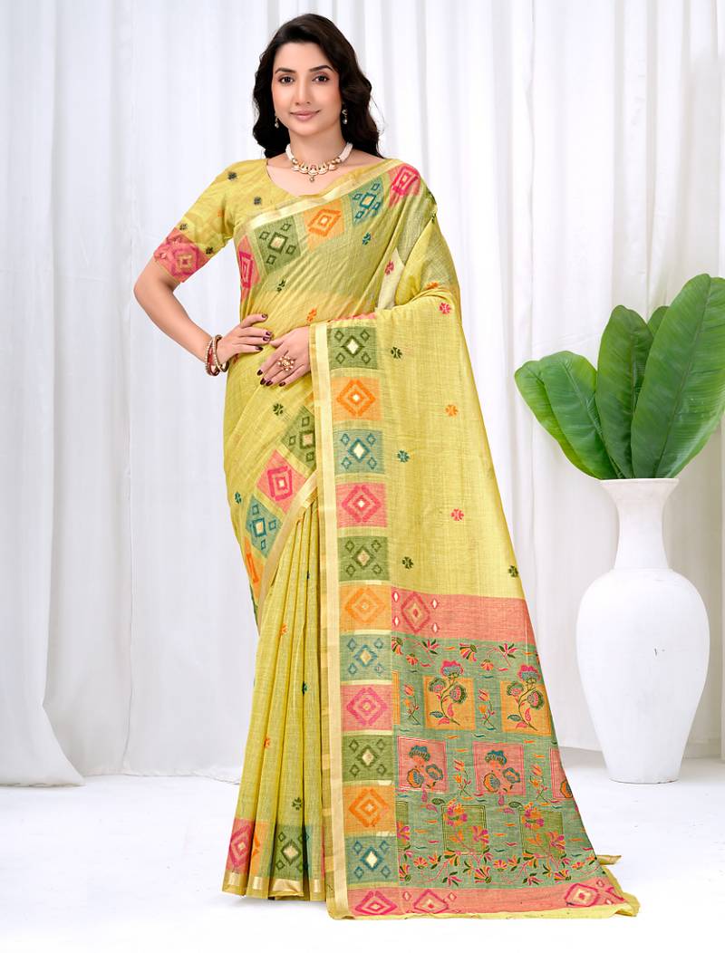 Womens elegant lemon green  cotton silk saree with golden zari border, pallu with blouse