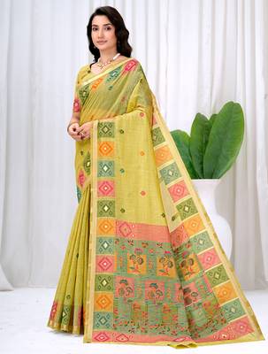 Womens elegant lemon green  cotton silk saree with golden zari border, pallu with blouse 3