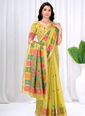 Womens elegant lemon green  cotton silk saree with golden zari border, pallu with blouse 4