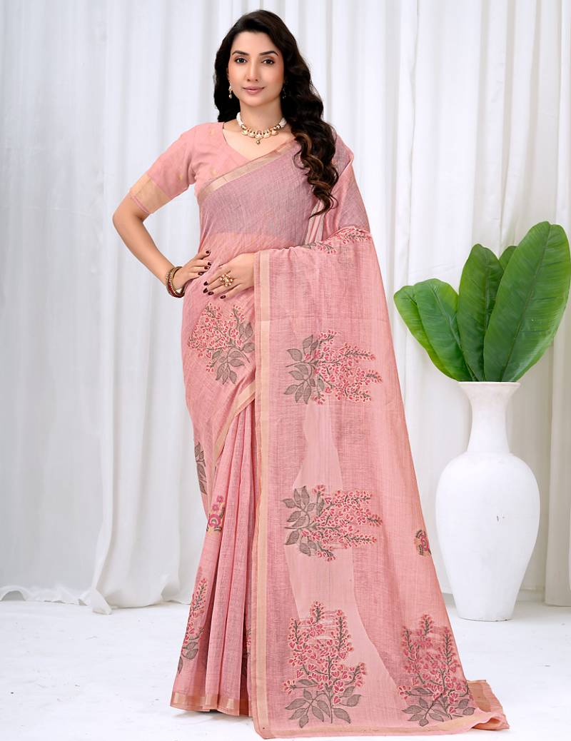 Womens elegant baby pink  cotton silk saree with golden zari border, pallu with blouse