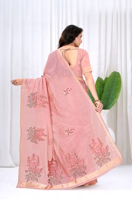 Womens elegant baby pink  cotton silk saree with golden zari border, pallu with blouse 2