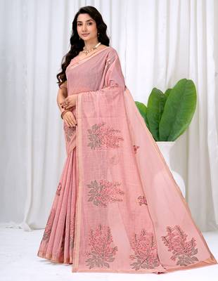 Womens elegant baby pink  cotton silk saree with golden zari border, pallu with blouse 3