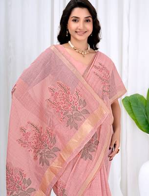 Womens elegant baby pink  cotton silk saree with golden zari border, pallu with blouse 5
