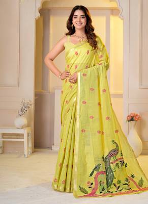 Womens elegant lemon green  cotton silk saree with golden zari border, pallu with blouse 1