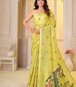 Womens elegant lemon green  cotton silk saree with golden zari border, pallu with blouse