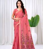 Womens elegant peach pink  cotton silk saree with golden zari border, pallu with blouse