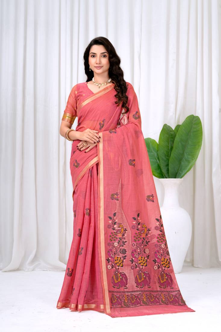 Womens elegant peach pink  cotton silk saree with golden zari border, pallu with blouse