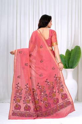 Womens elegant peach pink  cotton silk saree with golden zari border, pallu with blouse 2