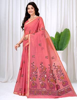Womens elegant peach pink  cotton silk saree with golden zari border, pallu with blouse 3