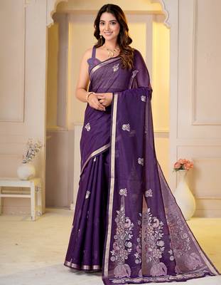 Womens elegant purple  cotton silk saree with golden zari border, pallu with blouse 1