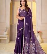 Womens elegant purple  cotton silk saree with golden zari border, pallu with blouse