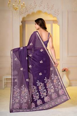 Womens elegant purple  cotton silk saree with golden zari border, pallu with blouse 2