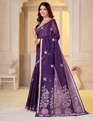 Womens elegant purple  cotton silk saree with golden zari border, pallu with blouse 3