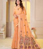 Womens elegant peach orange  cotton silk saree with golden zari border, pallu with blouse
