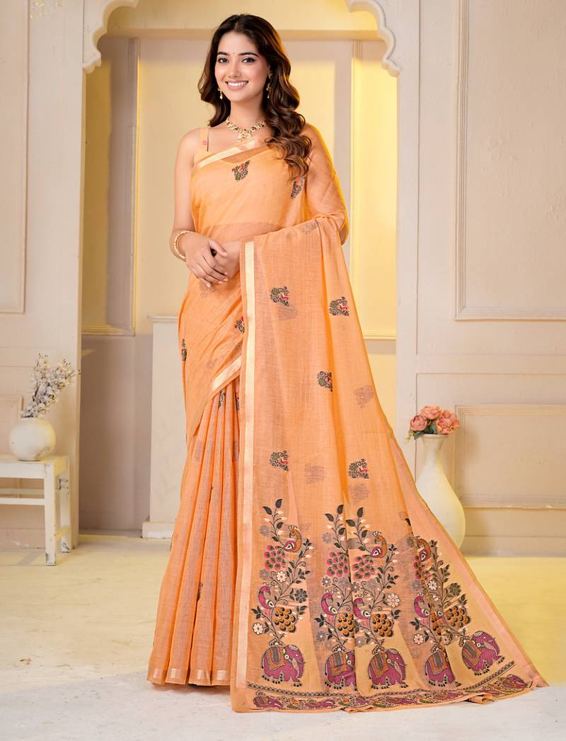 Womens elegant peach orange  cotton silk saree with golden zari border, pallu with blouse