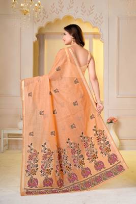 Womens elegant peach orange  cotton silk saree with golden zari border, pallu with blouse 2