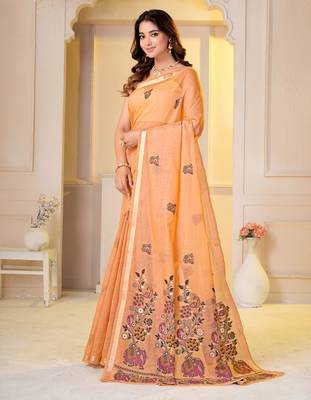 Womens elegant peach orange  cotton silk saree with golden zari border, pallu with blouse 3