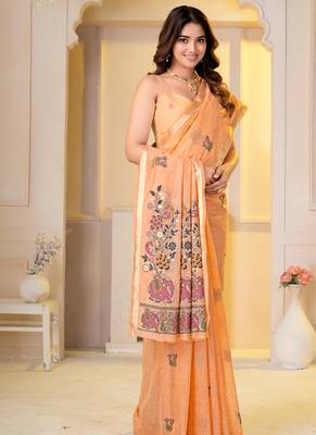 Womens elegant peach orange  cotton silk saree with golden zari border, pallu with blouse 4