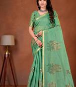 Womens elegant bottle green  cotton silk saree with golden zari border, pallu with blouse