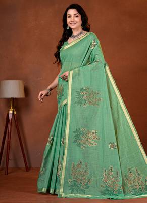 Womens elegant bottle green  cotton silk saree with golden zari border, pallu with blouse 3