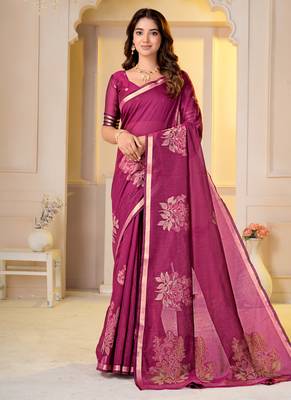 Womens elegant rani  cotton silk saree with golden zari border, pallu with blouse 1