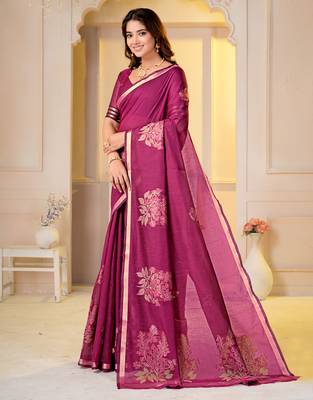 Womens elegant rani  cotton silk saree with golden zari border, pallu with blouse 3