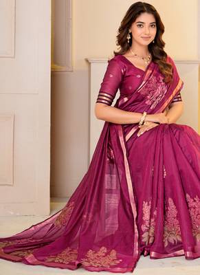 Womens elegant rani  cotton silk saree with golden zari border, pallu with blouse 4