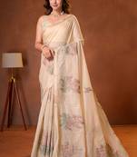 Womens elegant cream  cotton silk saree with golden zari border, pallu with blouse