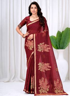 Womens elegant maroon cotton silk saree with golden zari border, pallu with blouse 1