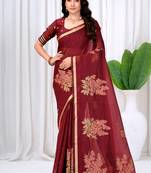 Womens elegant maroon cotton silk saree with golden zari border, pallu with blouse