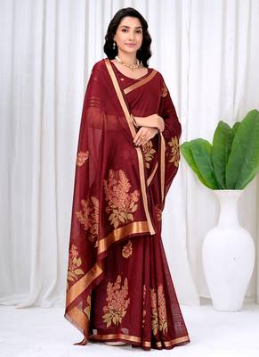 Womens elegant maroon cotton silk saree with golden zari border, pallu with blouse 4