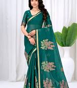 Womens elegant rama green  cotton silk saree with golden zari border, pallu with blouse