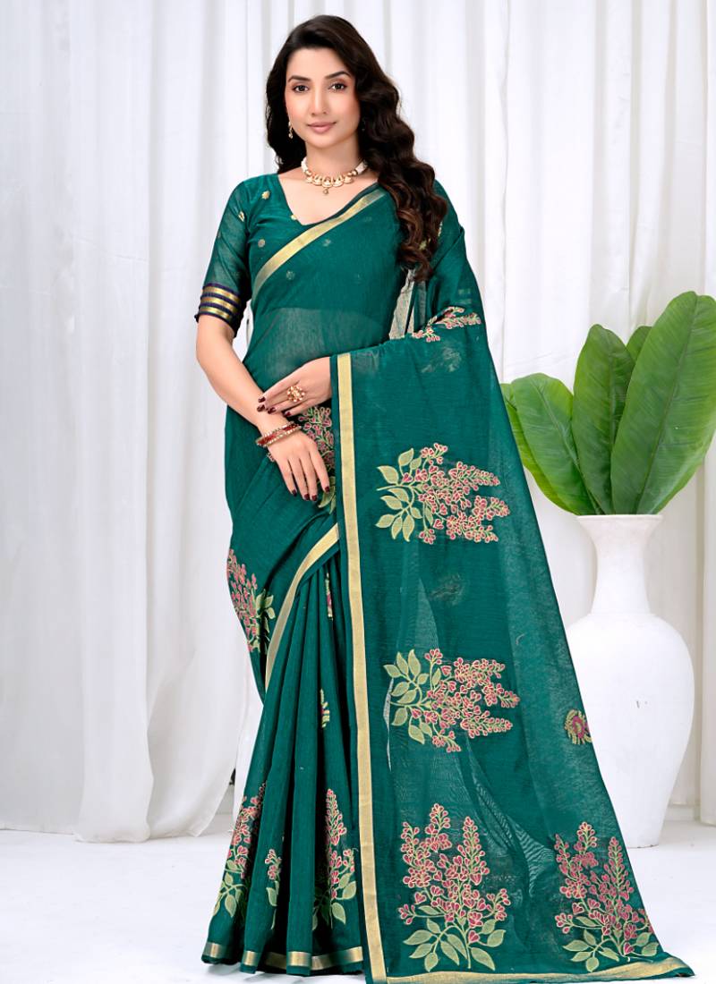 Womens elegant rama green  cotton silk saree with golden zari border, pallu with blouse