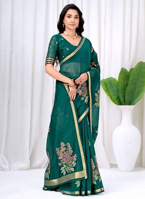 Womens elegant rama green  cotton silk saree with golden zari border, pallu with blouse 4