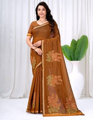 Womens elegant brown cotton silk saree with golden zari border, pallu with blouse 1