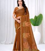 Womens elegant brown cotton silk saree with golden zari border, pallu with blouse