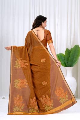 Womens elegant brown cotton silk saree with golden zari border, pallu with blouse 2
