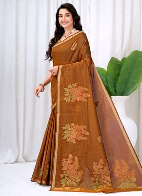 Womens elegant brown cotton silk saree with golden zari border, pallu with blouse 3
