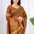 Womens elegant brown cotton silk saree with golden zari border, pallu with blouse