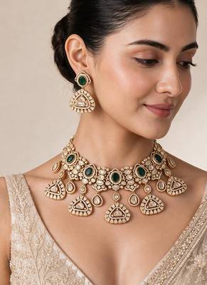 Gold plated emerald green kundan statement necklace set 1